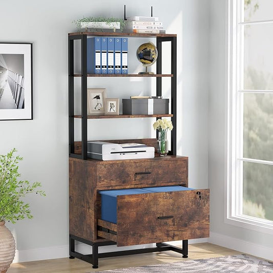 Tribesigns 2 Drawer Vertical File Cabinet with Lock & Bookshelf (Set of 2), Letter Size Large Modern Filing Cabinet Printer Stand with Open Storage Shelves for Home Office, Dark Brown