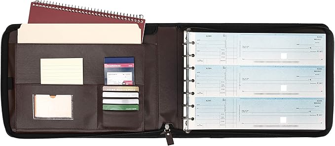 2Fold Zippered Business Checkbook Binder - 7 Ring Binder for Business Checks with Built-in Organizer and Card Case - PU Leather Portfolio for up to 600 3-Up Checks (Dark Brown)