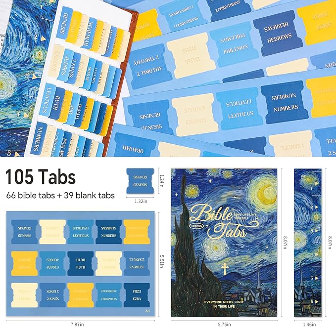 Starry Night Bible Tabs, Van Gogh Inspired 105 Pcs Gold Foil Index Tabs with Ruler - 66 Books & 39 Blank DIY Stickers, Bible Journaling Supplies, Artistic Bible Accessories Gift Set for Women and Men
