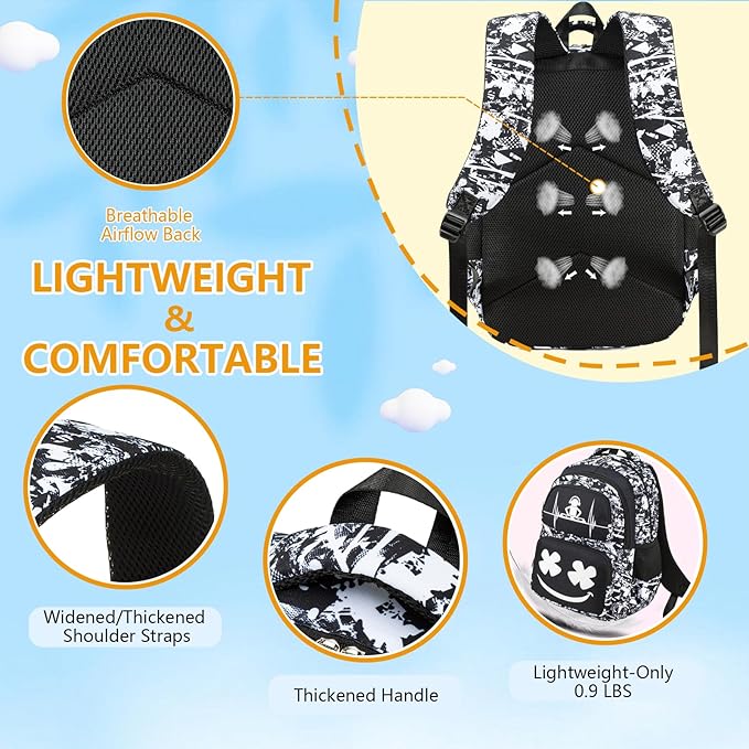Boys Backpack with Lunch Box Glow in Dark Kids Ages 4-12 Kindergarten Elementary Middle School Teens Bookbag Mochilas Para Niños, Luminous Face Black White
