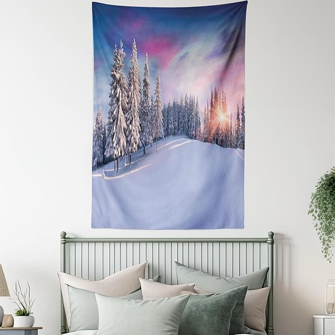 Ambesonne Winter Tapestry Twin Size, Idyllic Panorama of Winter Sunrise in Snow Covered Mountains Serenity Freshness, Wall Hanging Bedspread Bed Cover Wall Decor, 68" X 88", Pastel Lavender