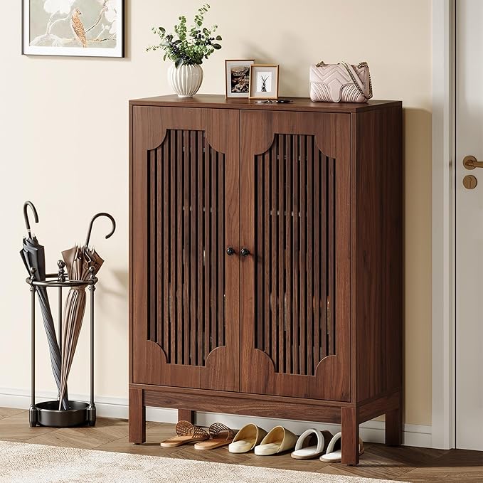 Tribesigns Shoe Cabinet with Doors, 5-Tier Shoe Storage Cabinet with Adjustable Shelves, 20 Pairs Wooden Shoe Rack Organizer, Tall Narrow Shoe Cabinet for Entryway, Hallway, Living Room, Walnut