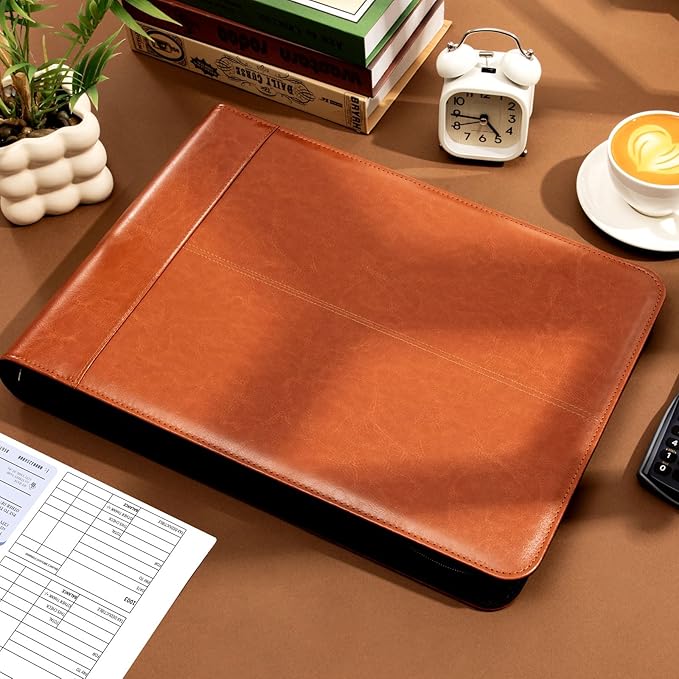 SUNEE Zippered Business Checkbook Binder 7 Ring 1 Inch with Zipper for Business Checks (9" x 13"), PU Leather Check Binder Holds 600 Checks Capacity for Executive Supplies, Brown