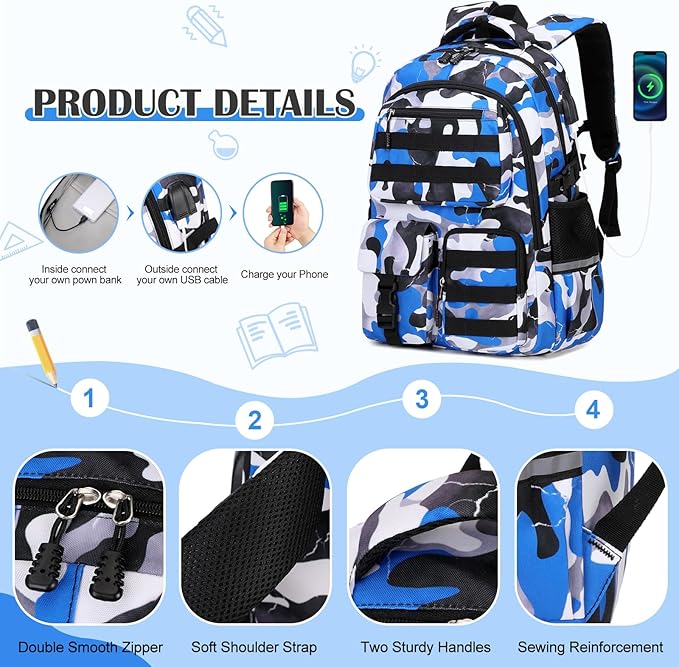 Camo Backpack for Boys, Tactical Boy Backpacks for School, Kids Backpack With Lunch Box Pencil Case USB Charging Port Military Army SchoolBags for Boy Teens Kids Elementary Middle High School