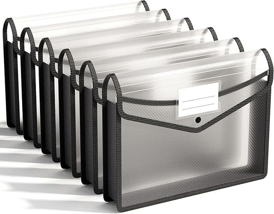ABC life 6-Pack Plastic Expanding File Folders, Folders for Documents with Snap Closure, Large Capacity Document Envelopes, Fits Letter/A4 Size Paper - Black