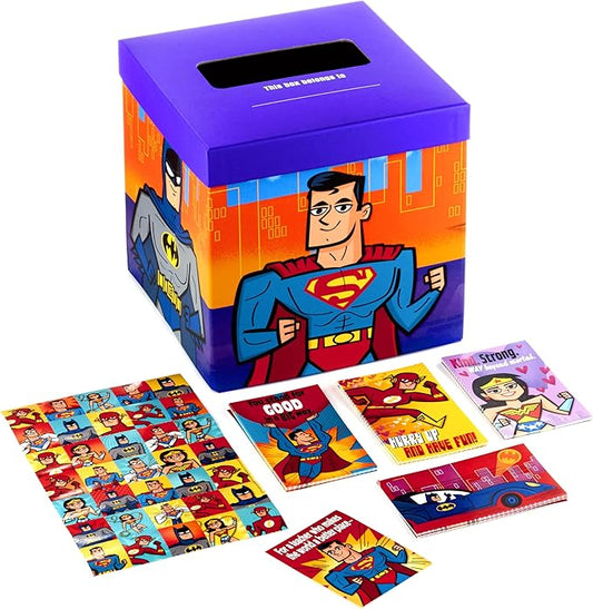 Hallmark Justice League Valentines Day Cards and Mailbox for Kids School Classroom Exchange (1 Box, 32 Valentine Cards, 35 Stickers, 1 Teacher Card)