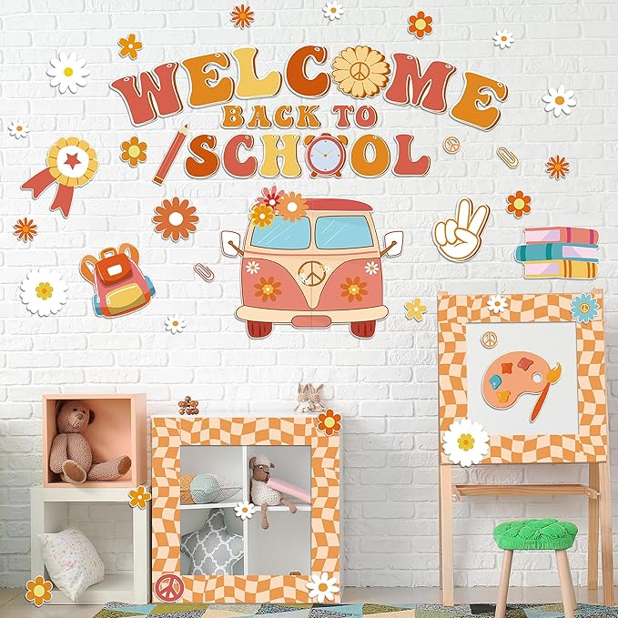 Aneco Retro Boho Welcome Back to School Bulletin Board Decorations Groovy Classroom Decoration Cutouts Motivational Pencil Bus Schoolbag Paper Cutouts for Kindergarten Preschool Wall Door Decor