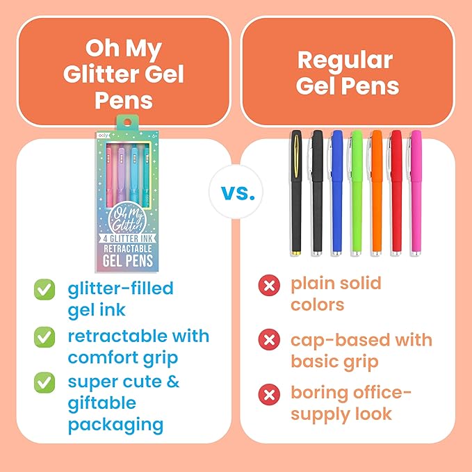 Ooly Oh My Glitter Gel Pens - Set of 4 Cute School and Art Supplies for Girls, Planner Pen with Comfort Grip, Ideal Retractable Glitter Pens for Decorations & Office Use