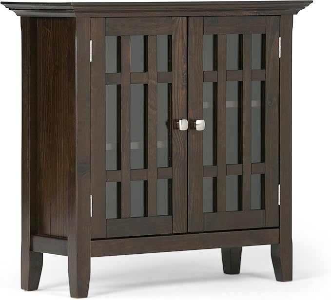 SIMPLIHOME Bedford Storage Cabinet - 32 inch Wide Solid Wood Low Media Cabinet in Dark Tobacco Brown, Transitional Console for Living Room, Entryway, or Dining Room with Glass Doors and Shelves