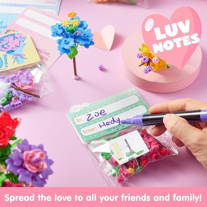 JOYIN 24 Pcs Valentine's Day Flower Bouquet Building Blocks with Cards, 6 Flower Block Designs with 6 Matching Tags, Valentines Day Gifts for Kids School Classroom Exchange Prize Party Favor