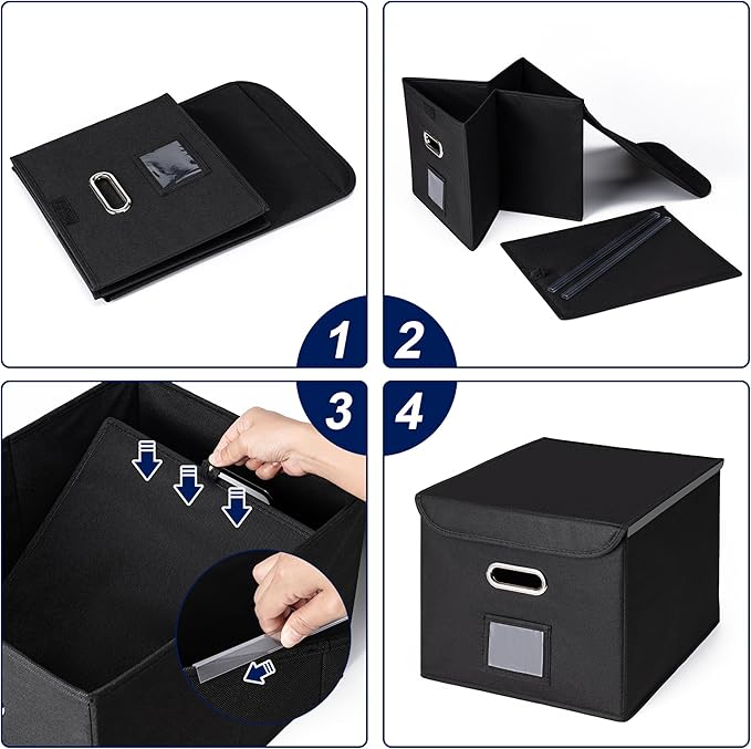 CADONO File Organizer Box with Lid, Large Hanging File Folder Organizer with Plastic Slide, Collapsible Portable Filing Storage Boxes for Office/Decor/Home (Navy Blue, 14.9 x 12.59 x 10.8 inch)
