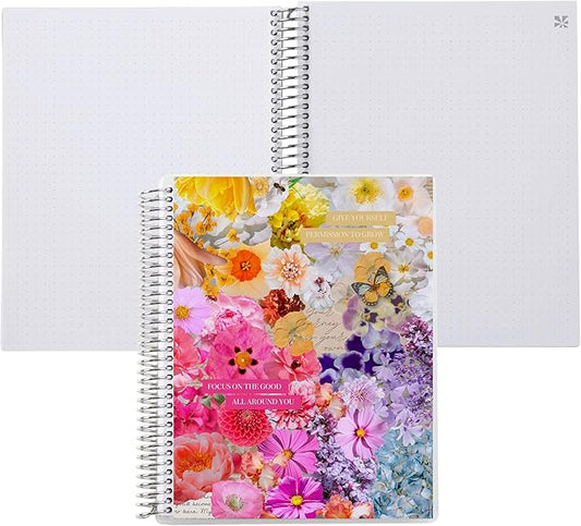 Erin Condren 7x9 Floral Collage Coiled Notebook - dot grid, platinum coil