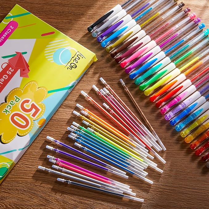 Gel Pens, 50 Pack Gel Pen Set 25 Colored Gel Pen with 25 Refills for Adults Coloring Books Drawing Doodling Crafts Scrapbooking Bullet Journaling