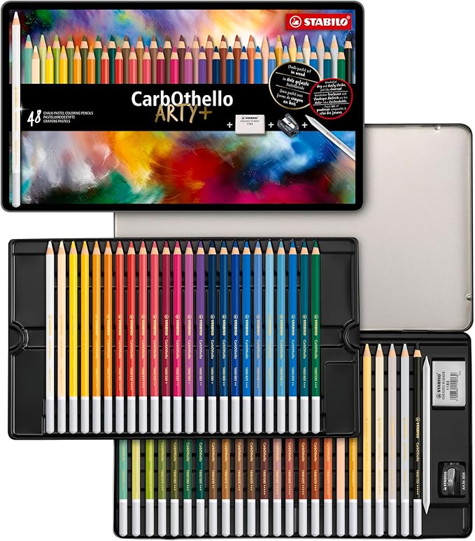 STABILO Chalk-Pastel Artist Colored Pencil CarbOthello Tin Set of 48, Eraser, Sharpener, Blender - Watercolor Effects