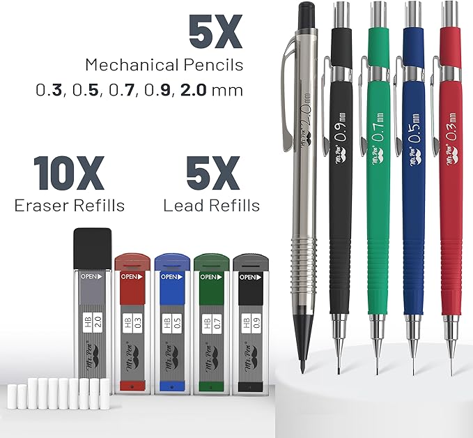 Mr. Pen Mechanical Pencil Set with Lead and Eraser Refills, 5 Sizes - 0.3, 0.5, 0.7, 0.9 and 2 Millimeters, Drafting, Sketching, Illustrations, Architecture