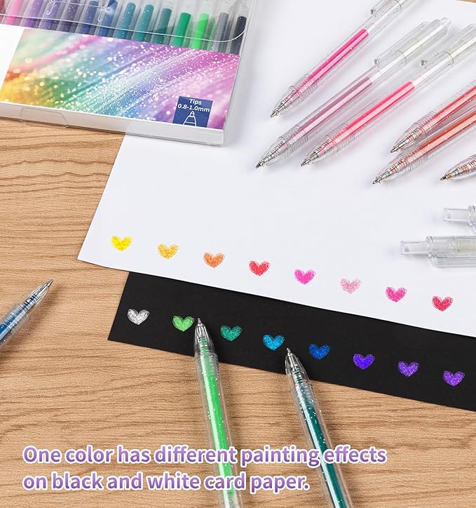 Glitter Gel Pens, 24 Colors Metallic Vibrant Retractable Sparkle Gel Pens for Coloring Journaling Drawing Doodling Colored Pen for Kids Adult Fun Pens 0.8-1mm