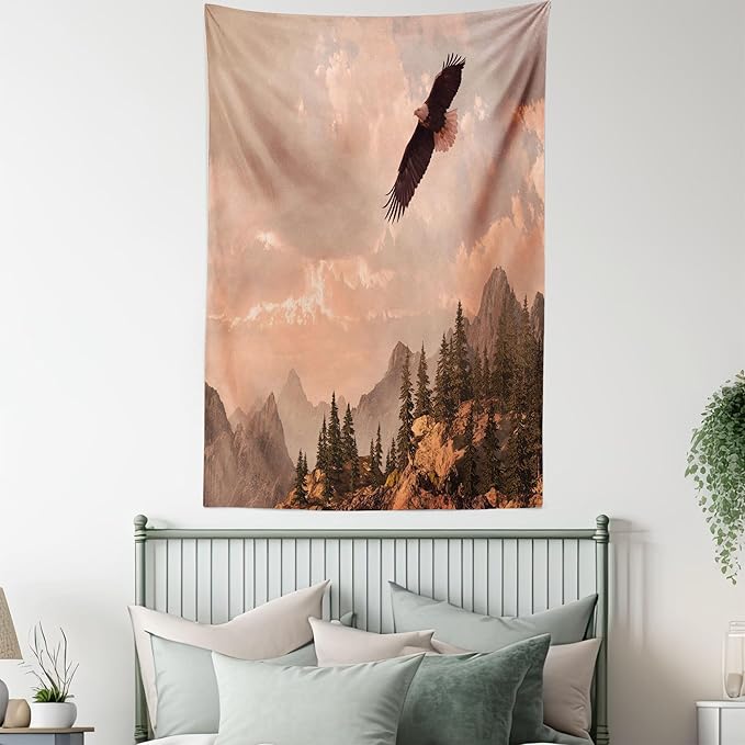 Ambesonne Eagle Tapestry, Nature Photography of Rocky Mountains and Forest a Bird Flying over It, Fabric Wall Hanging Decor for Bedroom Living Room Dorm, 30" X 45", Rose Green