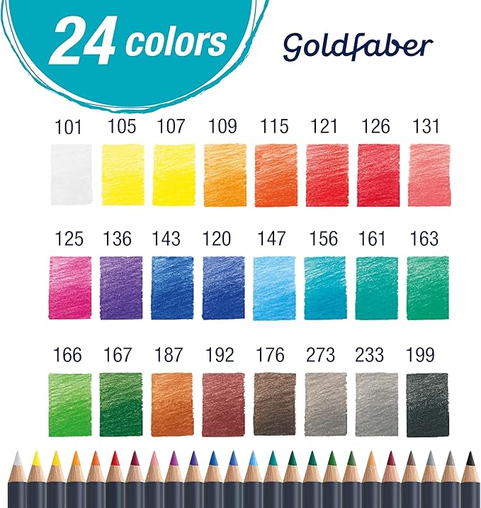 Faber-Castell Goldfaber Color Pencils: Professional Colored Pencils with Smooth Laydown, Rich Pigment, Break-Resistant Cores, Great for Beginners, Hobbyists & Adult Coloring (24 Count)