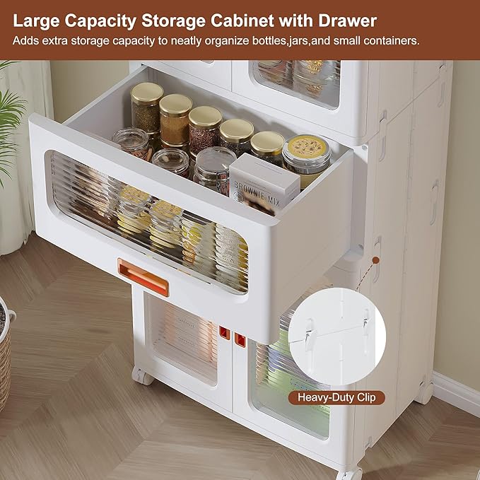 VECELO 226QT Stackable Storage Bins with Lids, Large Storage Cabinet with Drawer and Doors, Movable Wheels, Adjustable Shelves, Anti-Tip, for Living Room, Bedroom, Kitchen, White