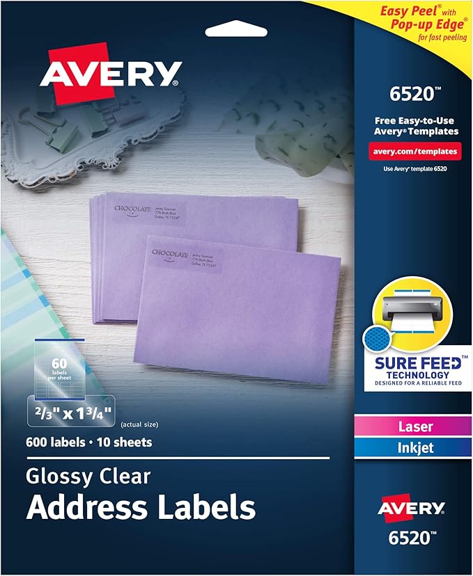 Avery Glossy Clear Address Labels, Sure Feed Technology, Laser/Inkjet, 2/3" x 1-3/4", 600 Labels, 5 Packs (6520)