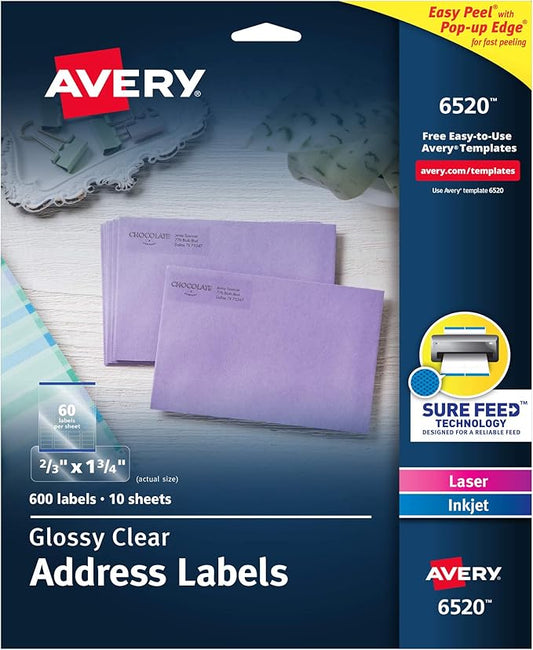 Avery Glossy Clear Address Labels, Sure Feed Technology, Laser/Inkjet, 2/3" x 1-3/4", 600 Labels, 5 Packs (6520)