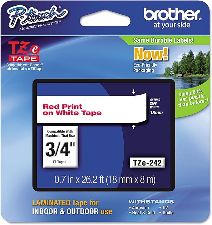 Brother TZE242 TZe Standard Adhesive Laminated Labeling Tape, 3/4-Inch w, Red on White
