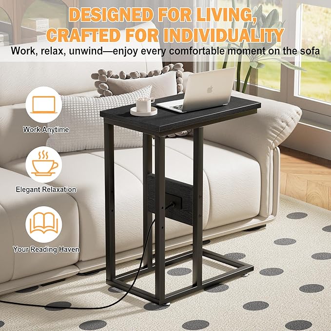 VECELO C Shaped End Table with Charging Station & Power Outlets, Quick Access Side Table for Sofa, C Bedside for Living Room Bedroom 1 Set,Black