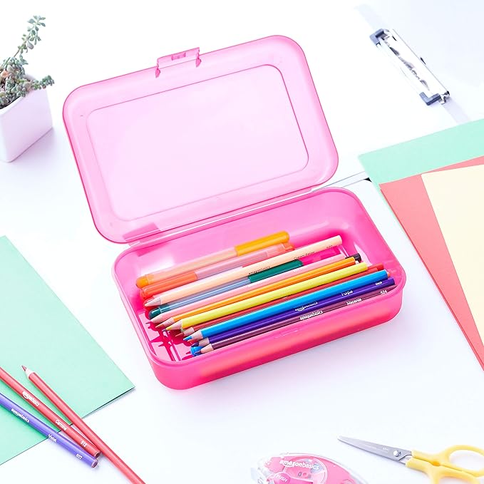 Amazon Basics Large Pencil Cases,Storage Organizer,Durable Plastic School Supply Box,Multi-Color Student Organization for Office,College & Classroom Supplies,(Pack of 48)