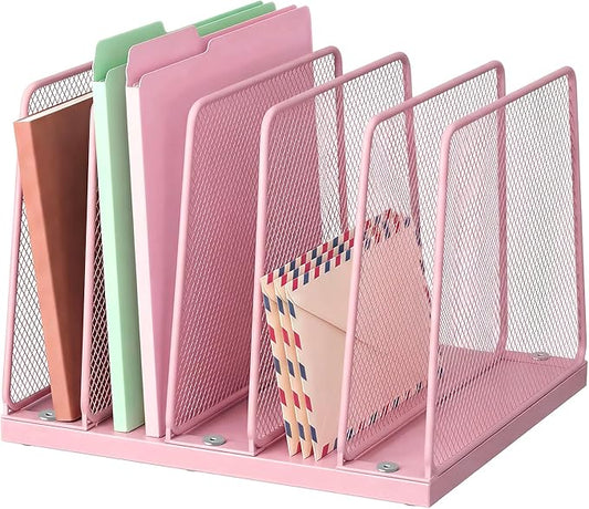 Small Desk File Organizer, 5-Section Upright File Sorter, Vertical File Folder Holder, Mesh Metal Wood Office Desktop Organization for Document, Magazine, Books and more (Pink)