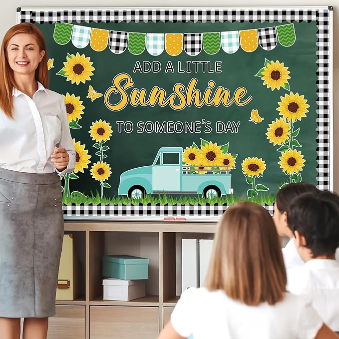 ZOIIWA Spring Sunflower Bulletin Board Decorations Summer Sunflower Truck Classroom Bulletin Board Black Plaid Borders Yellow Sunflower Cutouts Back to School Teacher Supplies School Office Wall Decor