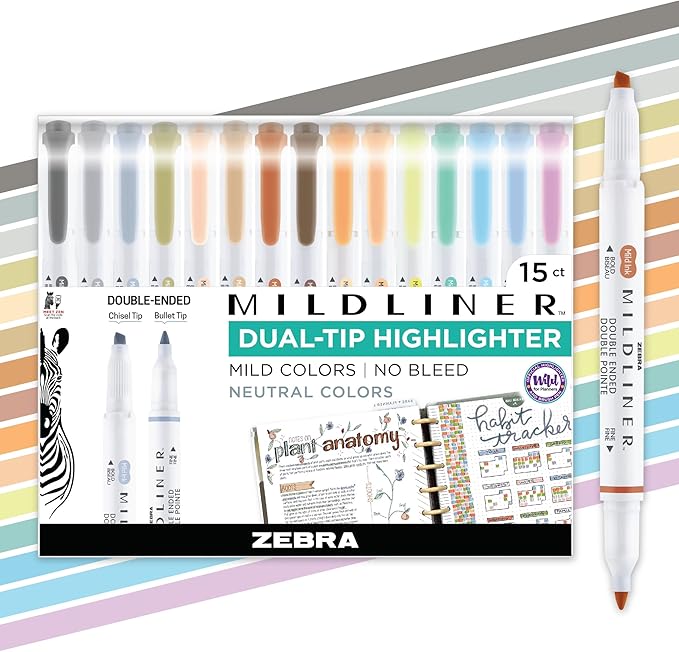 Zebra Pen Mildliner Dual-Tip Highlighter Set, Broad and Fine Point Tips, No Bleed, Ideal for Bible Highlighting, Journaling, School and Office Supplies, Neutral Vintage Ink Colors, 15-Pack (78315)