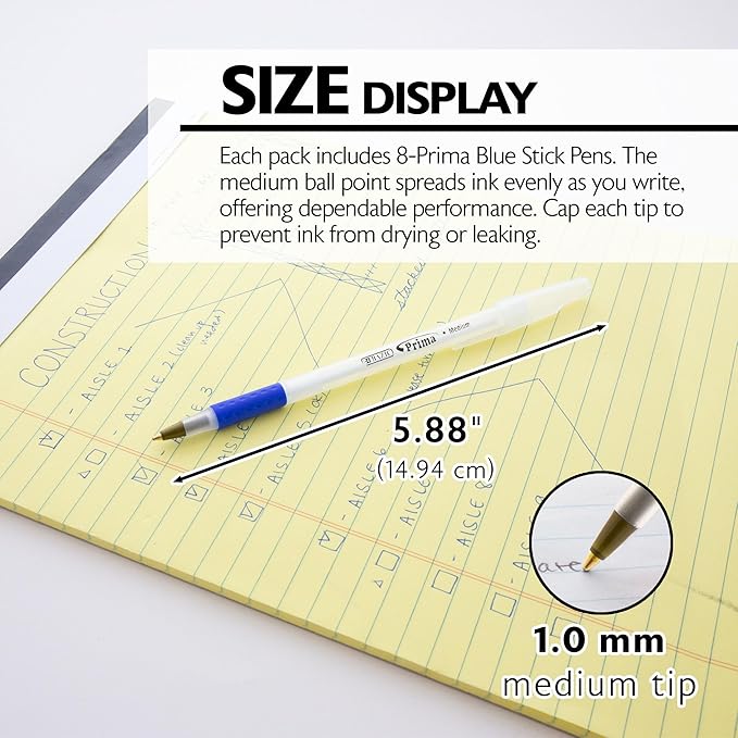BAZIC 1737 Prima Blue Stick Pen w/Cushion Grip (8/Pack)
