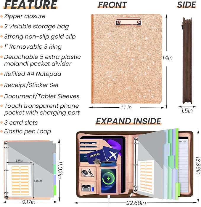Leather Padfolio Portfolio with Clipboard Storage, Removable 3 Ring Binder 1 Inch Zipper Binder, Document Organizer for Women Men with Notepad, 5 Pocket Dividers, Pen Holder, Rose Gold