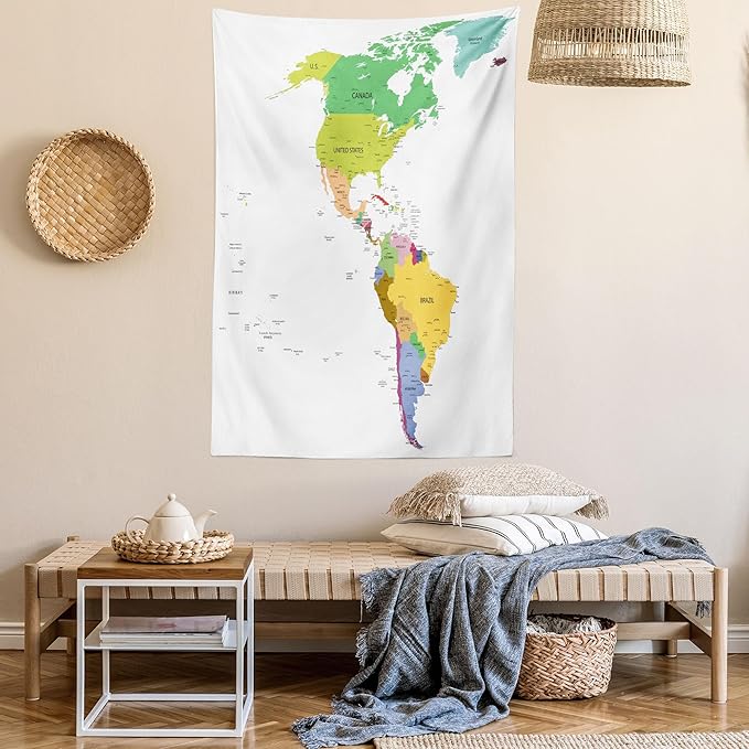 Ambesonne Map Tapestry, Map of South and North America with Countries Capitals and Major Cities Colorful Design, Fabric Wall Hanging Decor for Bedroom Living Room Dorm, 23" X 28", Green White