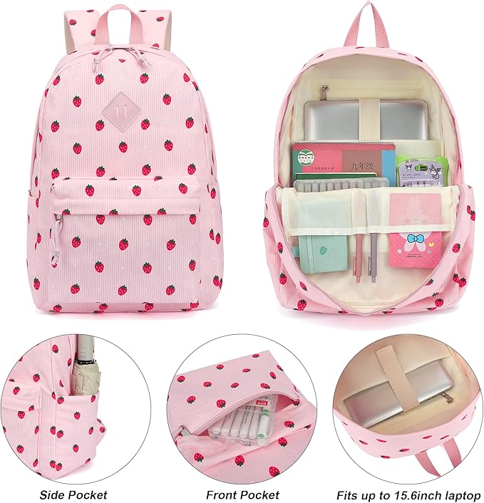 Corduroy Girls Backpack Set, 3PCS School Backpacks for Kids Elementary Middle School Bags with Lunch Box Pencil Case (Pink Corduroy Strawberry)
