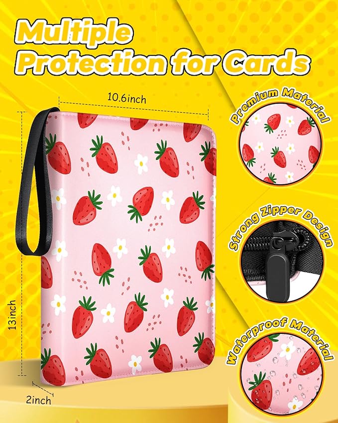for 9 Pocket Card Binder Large Capacity for 900 Cards - Trading Card Collection Album Folder Double Sided Pocket with Zipper Strawberry for Girls Girly Teens for Sports Cards Game Cards