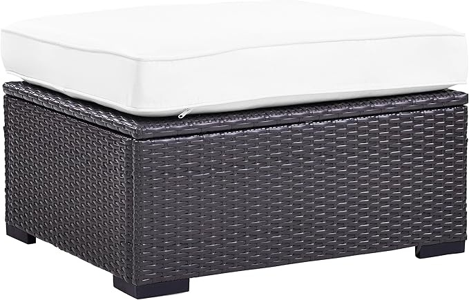 Crosley Furniture Biscayne Wicker Outdoor Ottoman Foot Rest for Patio, Deck, Porch, Brown with White Cushions
