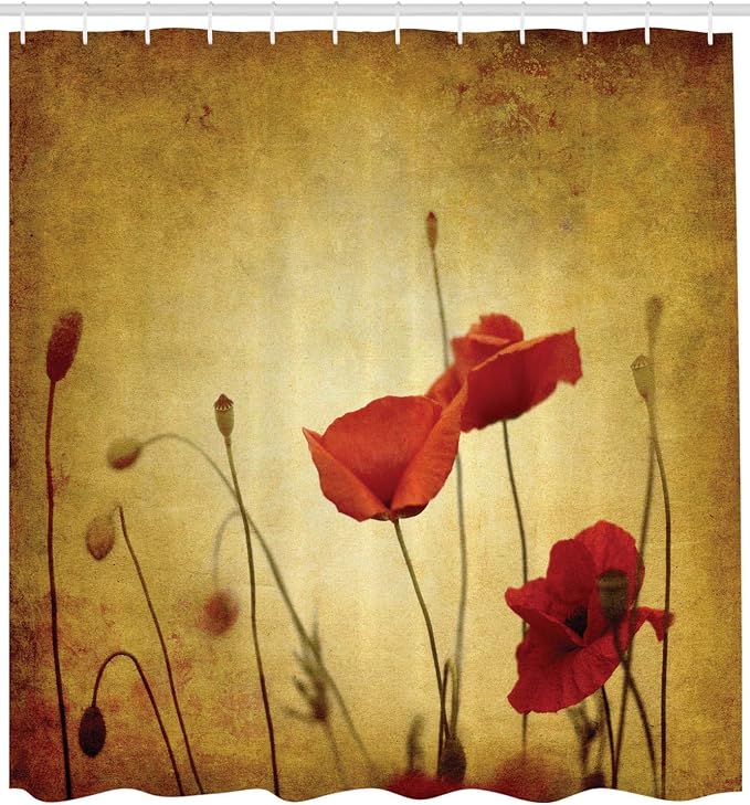 Ambesonne Poppy Flower Shower Curtain, Flower and Buds on Ambient Grunge Background Retro Effects Bohemian, Cloth Fabric Bathroom Decor Set with Hooks, 69" W x 70" L, Pale Brown Vermilion
