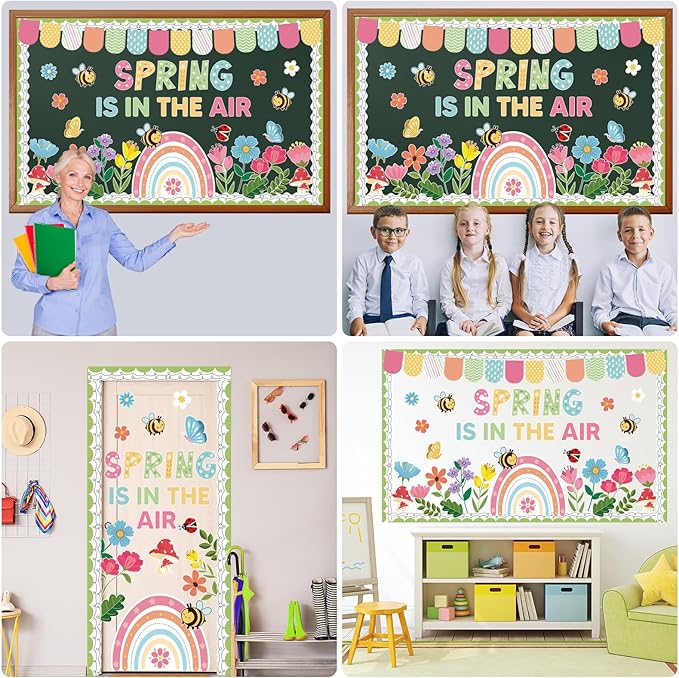 Spring Flower Bulletin Board Set Floral Classroom Bulletin Board Decoration with Rainbow Flowers Bee Paper Cutouts Spring in The Air Themed Classroom Wall Decor for School Chalkboard Teacher Supplies