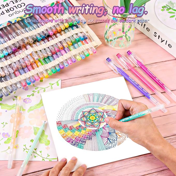 168 Pack Gel Pens For Coloring, Gel Colored Pens Marker for Adult Coloring Books, 0.6mm Fine Point Pens for Black Paper, Writing, Journaling, Drawing, Art Supplies