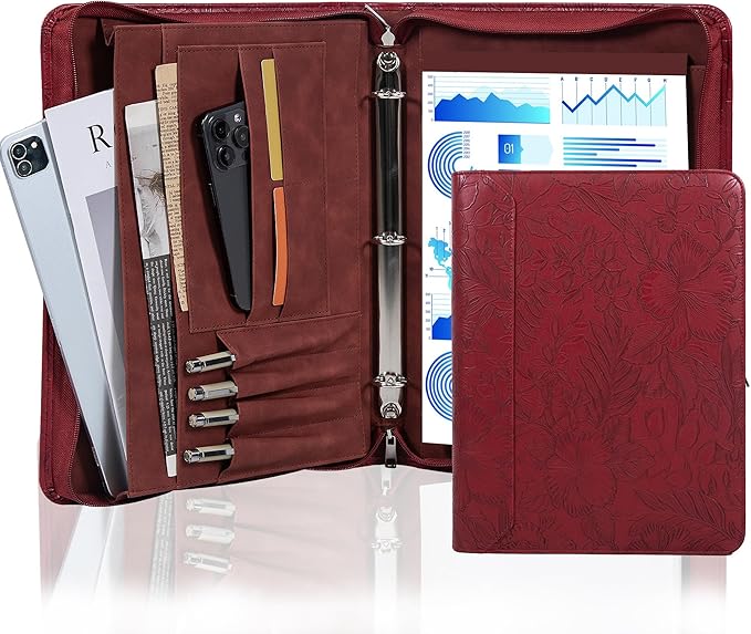 AZXCG Embossed Padfolio for Women,Zippered Padfolio with 3 Ring Binder,Business Portfolio Organizer for Women with A4 Writing Pad Holder, Leather Portfolio for Meeting,Gift for Valentine's Day