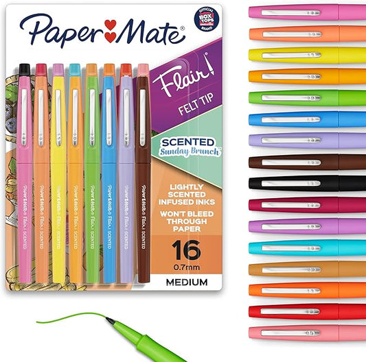 Paper Mate Flair Sunday Brunch Scented Felt Tip Pens, Assorted Colors, Medium Point (0.7mm), 16 Count - For Journaling, Writing, Note-Taking, Fun Teacher Supplies