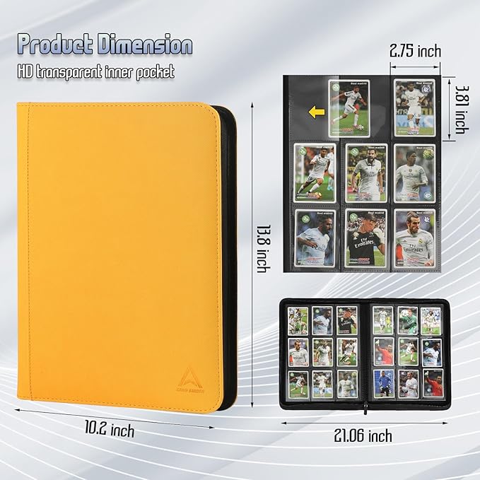 9 Pocket Card Binder - 540 Capacity with Zip Closure Premium, Double-Sided,Sturdy & Sleek PU Leather Protector for MTG, TCG, Sport & Collectible Cards (Yellow)