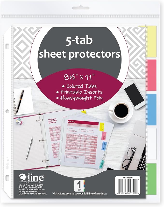 C-Line Polypropylene Sheet Protector with Index Tabs, Assorted Color Tabs, 11 x 8.5 Inches, One 5-Tab Set (05550)