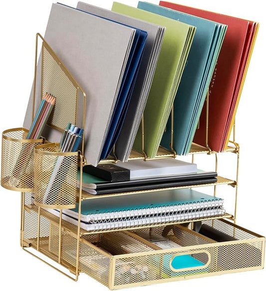 Office Depot® Brand Mesh Desk Organizer With Vertical Storage And Pen Holders, 16" H x 12-3/4"W x 9-1/2"D, Gold