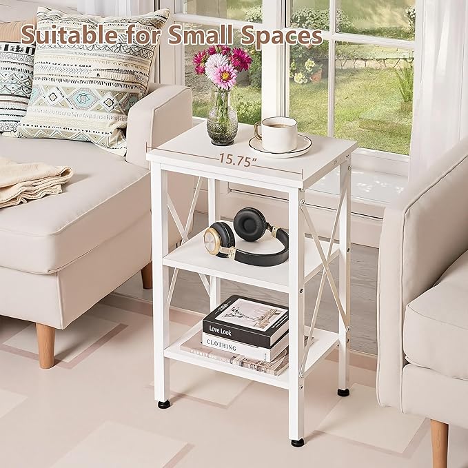 VECELO End Table Set of 2, Bedside Table, 24" Tall Living Room End Tables, X-Design Reinforced Nightstands, Side Table with 3-Tier Storage Shelves for Small Spaces, Office, Bedroom, Pearl White