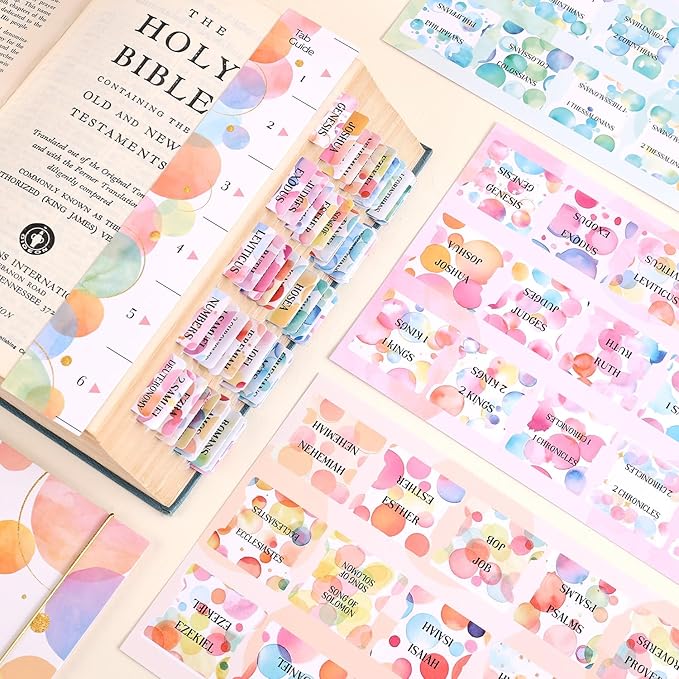 Bible Tabs for Women, 66 Large Print Laminated Bibles Chapters Index Tabs and 39 Blank Dividers Sticky Labels, Cute Beauty Bubble Bible Study Supplies, Journaling Accessories, Christian Gifts for Men
