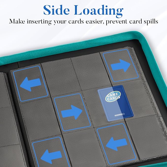 Premium Zip Card Binder 12 Pocket, Fabmaker 912 Pockets Trading Card Binder, PU Zipper Card Collection Album, Sturdy Side-Loading Card Book Holder for Game & Sports Cards, Teal