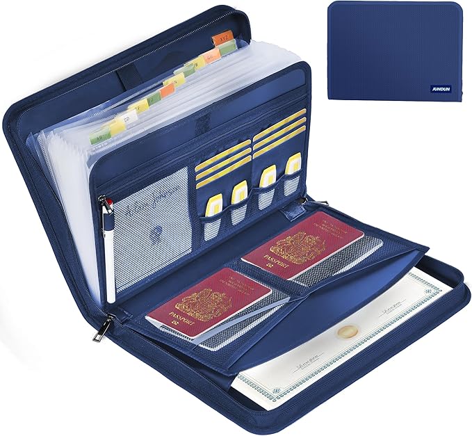 JUNDUN Accordion File Organizer - Fireproof Accordion Folder with Zipper & Labels - 12 Pocket Expanding File Folder with Multi-Pockets Paper Organizer Folder for Letter A4 Files and More (Blue)