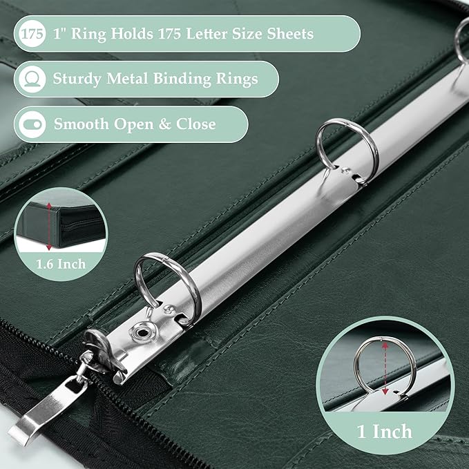 EYROZILL Zippered Leather 3 Ring Binder Organizer with Pockets – Business Portfolio Folder with Card Slots, Phone Holder, Pen Loop (Dark Green)